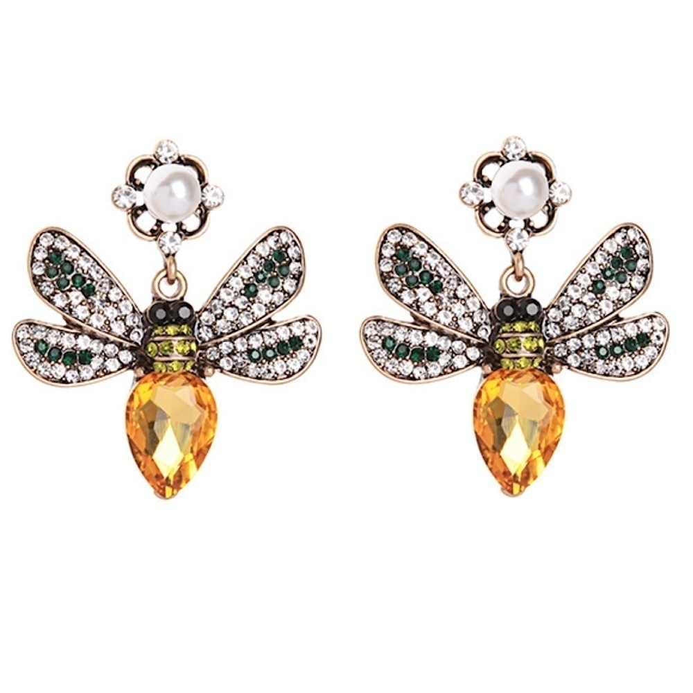 Yellow Crystal Bee Drop Earrings with Green Wings and Floral Tops